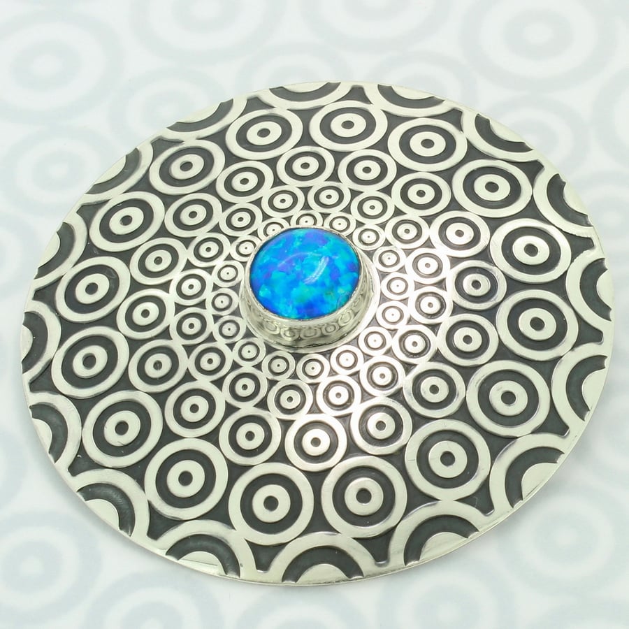 Brooch, Blue Opal Brooch, Handmade Sterling Silver Round Brooch, Large, No. 11