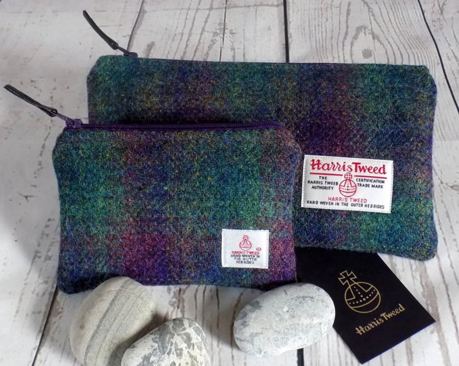 Harris Tweed gift set. Clutch and coin purse in deep purple and green tartan