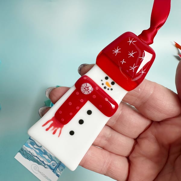 Snowman Tree Decoration-Red-Fused Glass