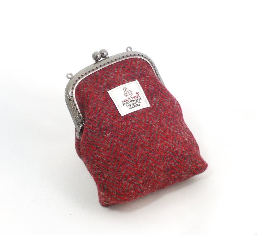 Harris tweed purse red grey herringbone kiss clasp coin purse