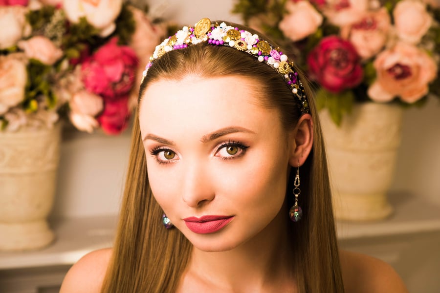 Roman Style white and purple spring bohemian headband 