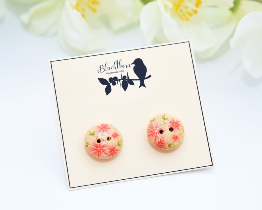 Wooden Button Earrings with Flower Design
