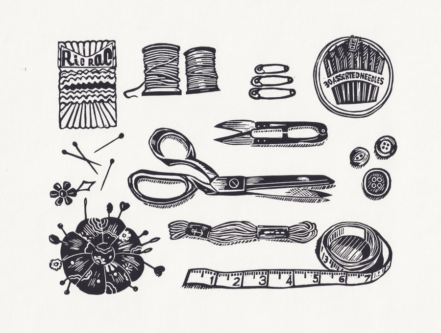 Sewing Bee Lino Print - B&W