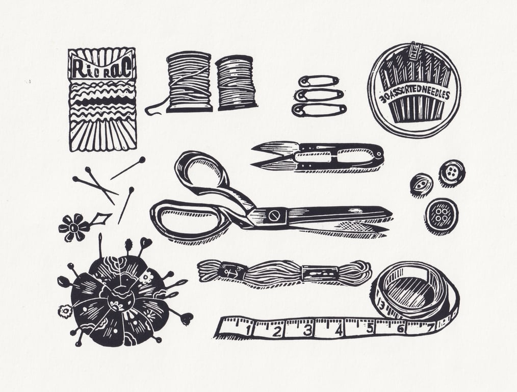 Sewing Kit Lino Print - B&W