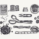 Sewing Kit Lino Print - B&W