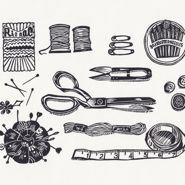Sewing Bee Lino Print - B&W
