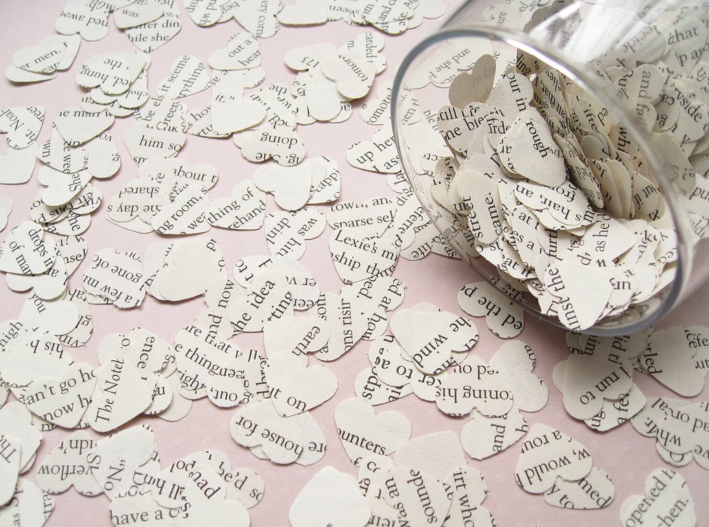 500 Novel Book Confetti Paper Hearts - Many book choices - Wedding Party Decor