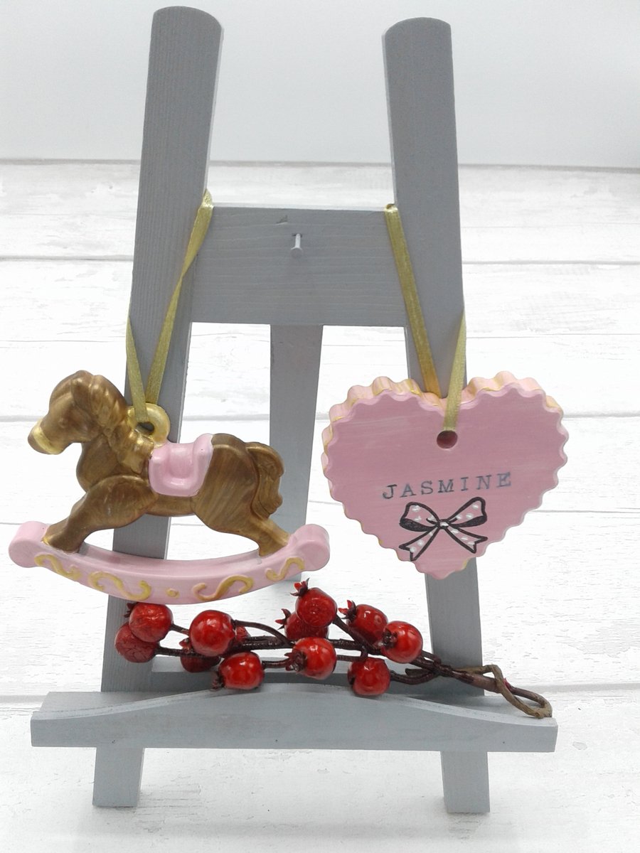 Baby's first christmas. Ceramic decorations. Baby girl personalised keepsake. 