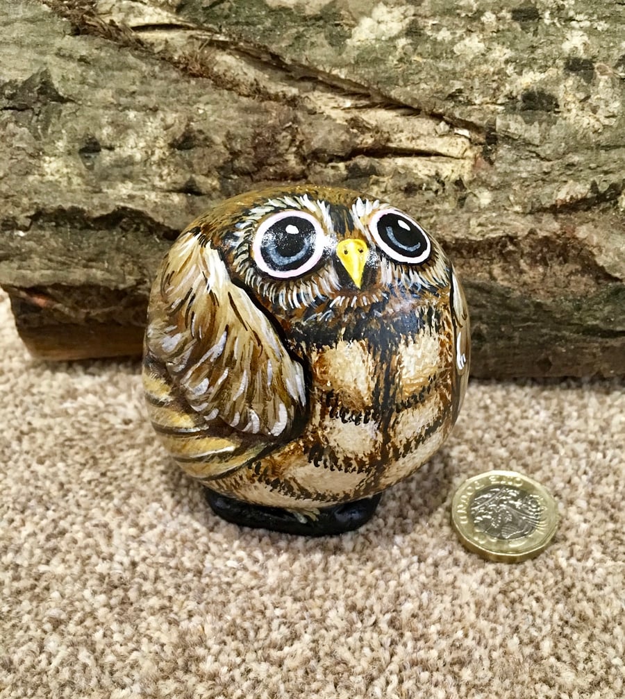 Owl hand painted pebble garden bird rock stone art 