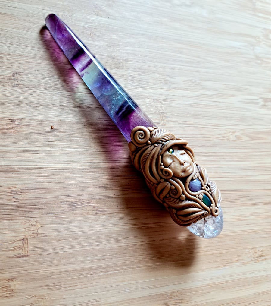 Wand Rainbow Fluorite, Quartz, Amethyst, Chalcedony and Polymer Clay Goddess