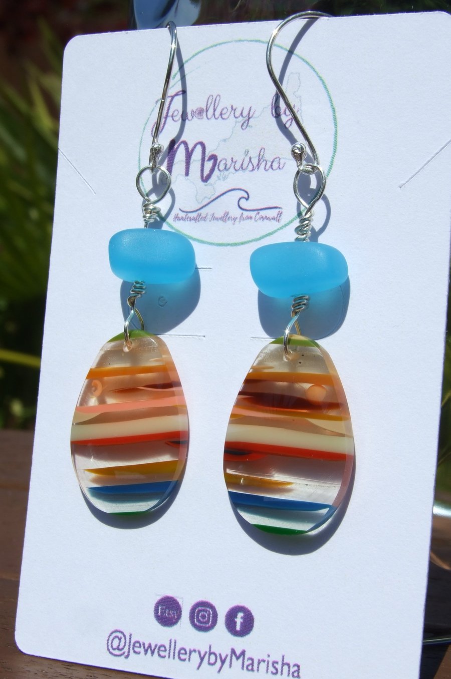 Multicolour Surfite & Blue Seaglass Sterling Silver Wire-Wrapped Dangly Earrings