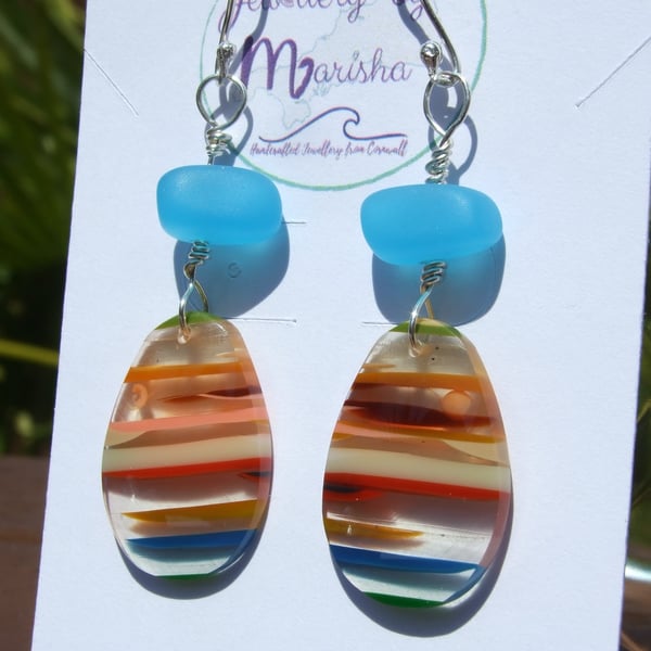 Multicolour Surfite & Blue Seaglass Sterling Silver Wire-Wrapped Dangly Earrings