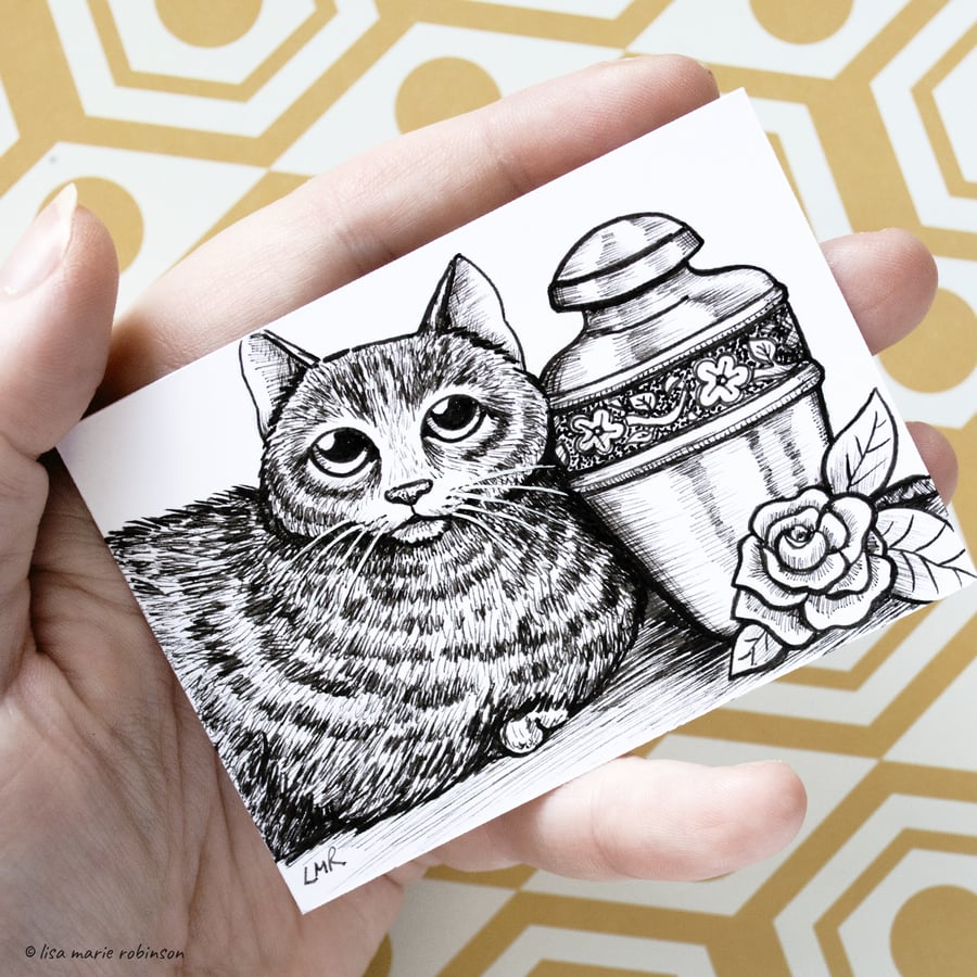 Cat In Memorium Urn Ashes ACEO - Inktober 2019 - Day 13 - Ink Drawing Pen Art
