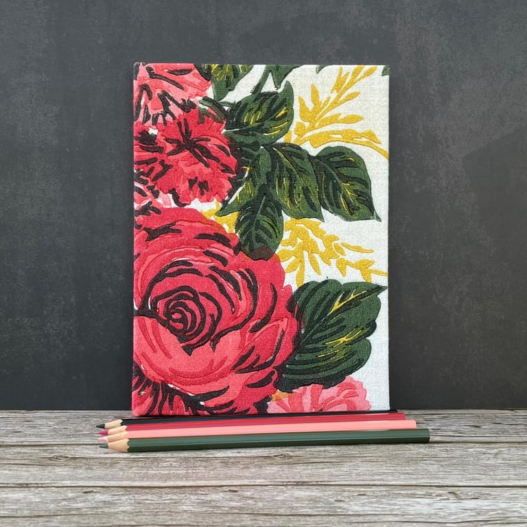 Handmade 'Carnations & Roses' A5 Hardback Notebook Journal 1950s Vintage Fabric