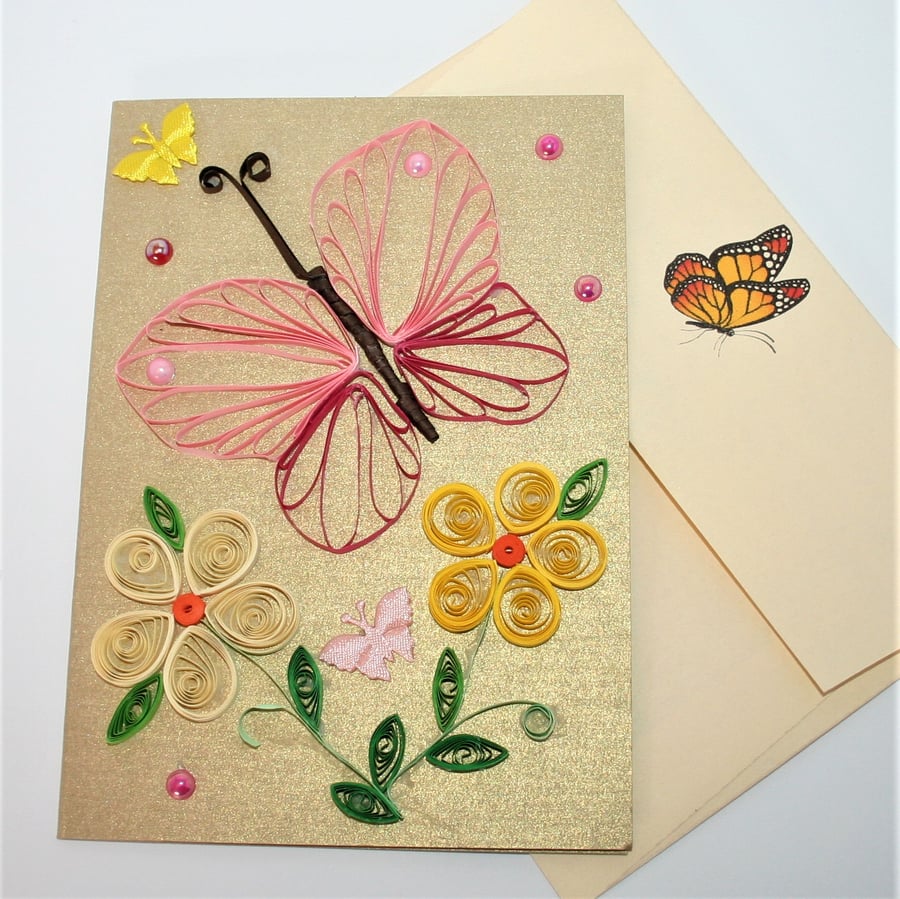 Pink Butterfly Quilled Card A6