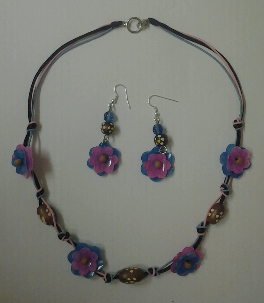 Flower and Bead Necklace and Earring Set