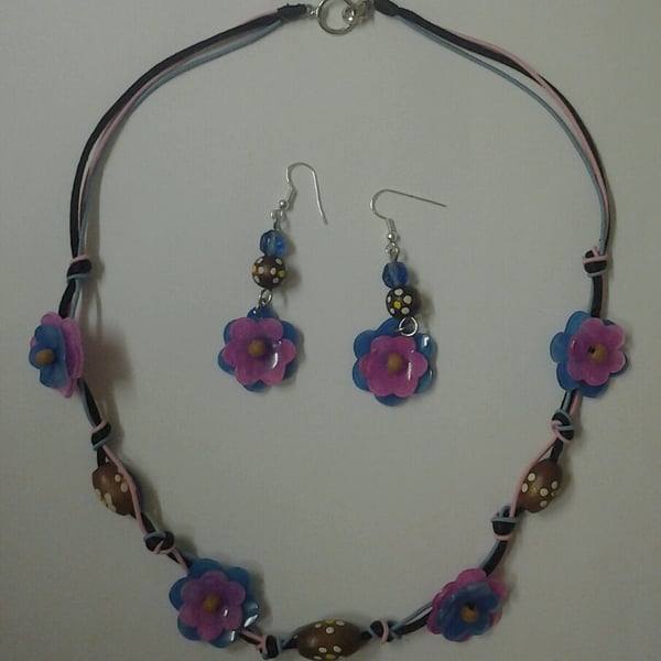 Flower and Bead Necklace and Earring Set