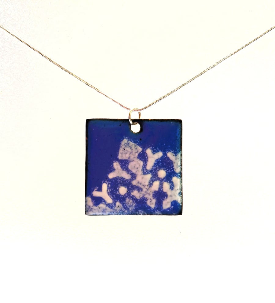 Lacy enamelled copper pendant in blue and white 196