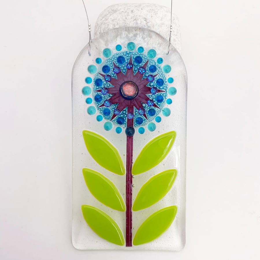 Turquoise Fused Glass Retro Allium Hanging - Handmade Glass Suncatcher