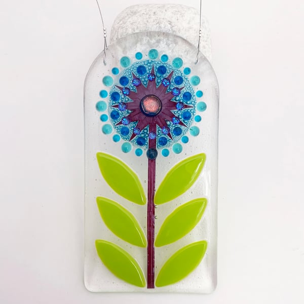 Turquoise Fused Glass Retro Allium Hanging - Handmade Glass Suncatcher