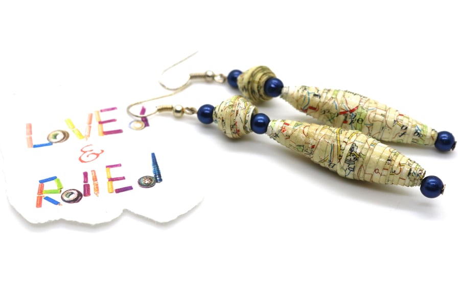 Long dual bead earrings made of map paper 