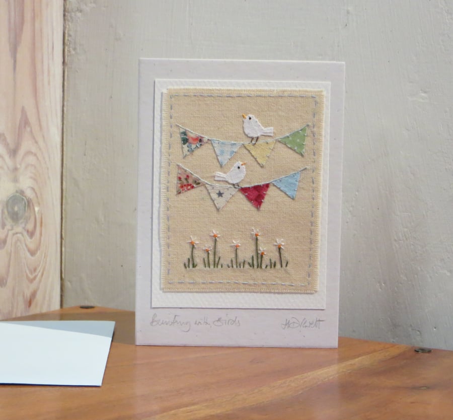 Hand-stitched 'Bunting with Birds' card
