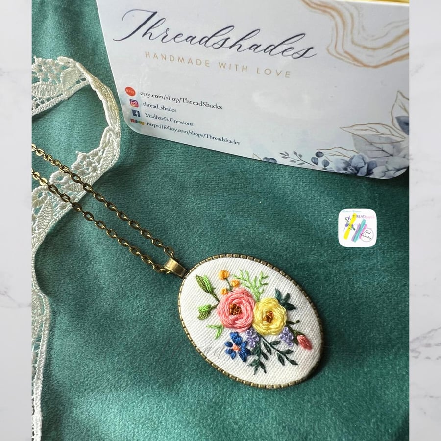Hand embroidered pendant, embroidery necklace, handmade gift for her, floral 