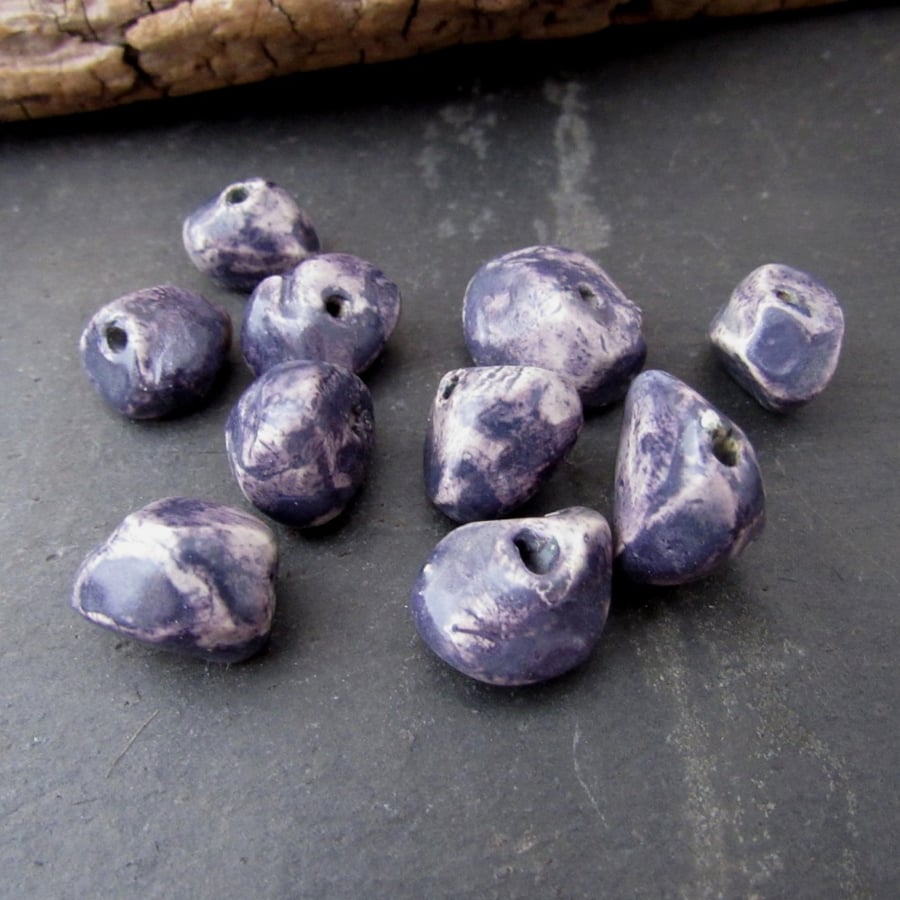 10 Small Dark Purple Glazed Nugget Pebble Clay Beads