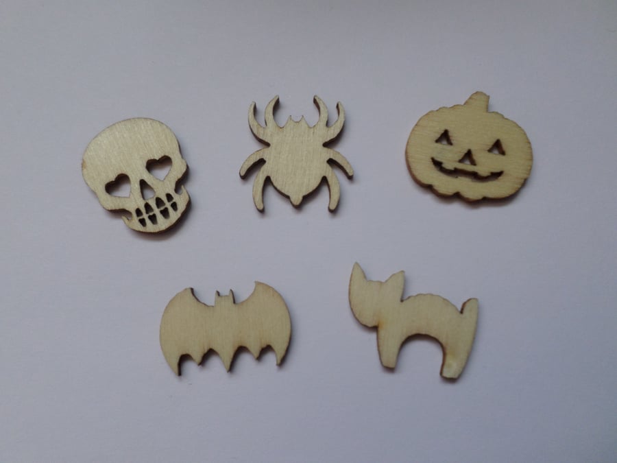 30 x Mini Blank Wooden Craft Shapes - 20mm - Halloween - 5 Designs Mixed