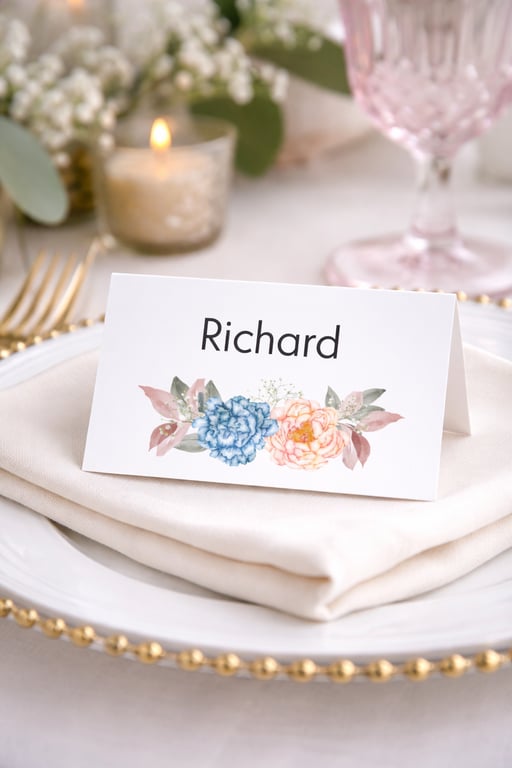 Blush & Blue Bloom Wedding Place Cards, Floral Name Cards, Table Setting