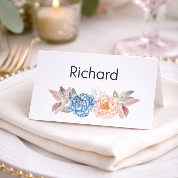 Blush & Blue Bloom Wedding Place Cards, Floral Name Cards, Table Setting