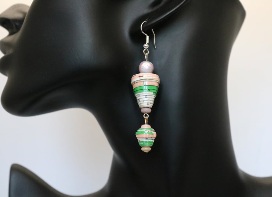 Dangling inverted cones paper beaded earrings made of a cover of an old map