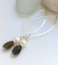 Labradorite Pearl Sterling Silver long earrings Handmade in England, Metalsmith - Image 3