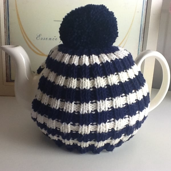 Navy and White Tea Cosy fits 4-6 cup pot
