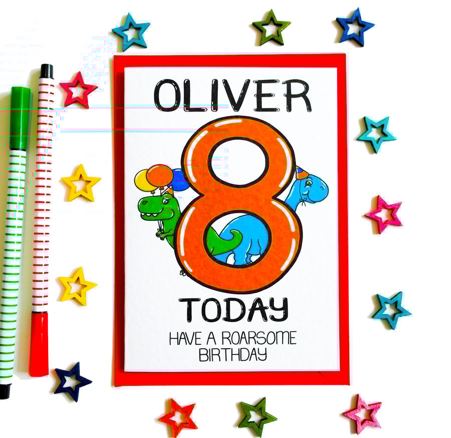 Personalised 8th Birthday Card 8 Today Have A Roarsome Birthday cute Dinosaur 