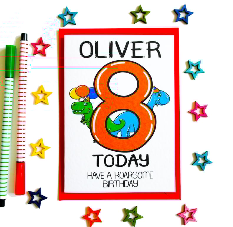 Personalised 8th Birthday Card 8 Today Have A Roarsome Birthday cute Dinosaur 