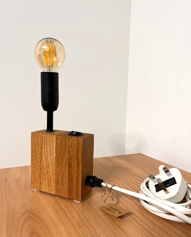 Slim Oak Bedside Lamp - Handmade Narrow Wooden Light UK