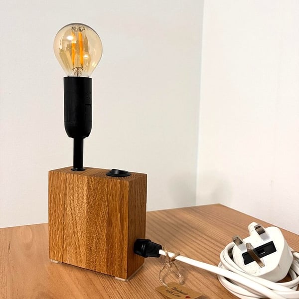 Slim Oak Bedside Lamp - Handmade Narrow Wooden Light UK