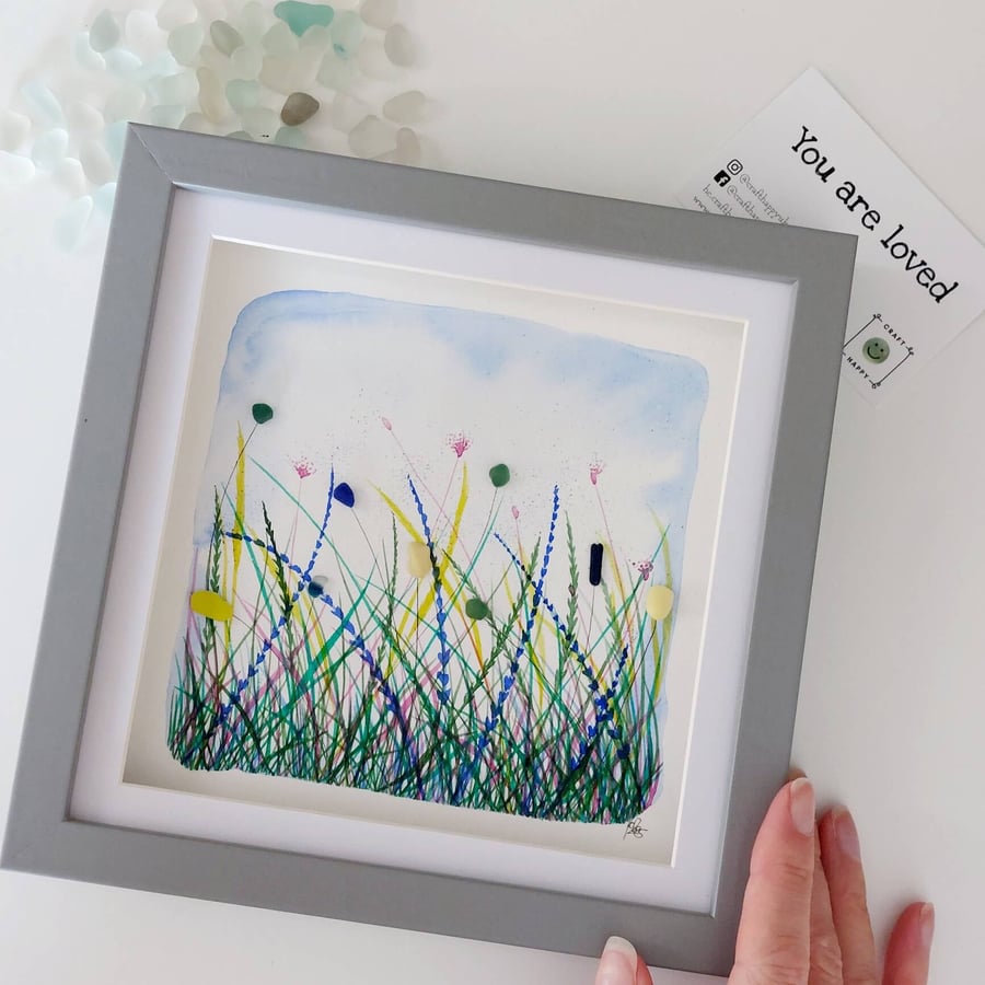 Framed Original Flower Meadow Watercolour Art - Sea Glass Picture, Home Decor