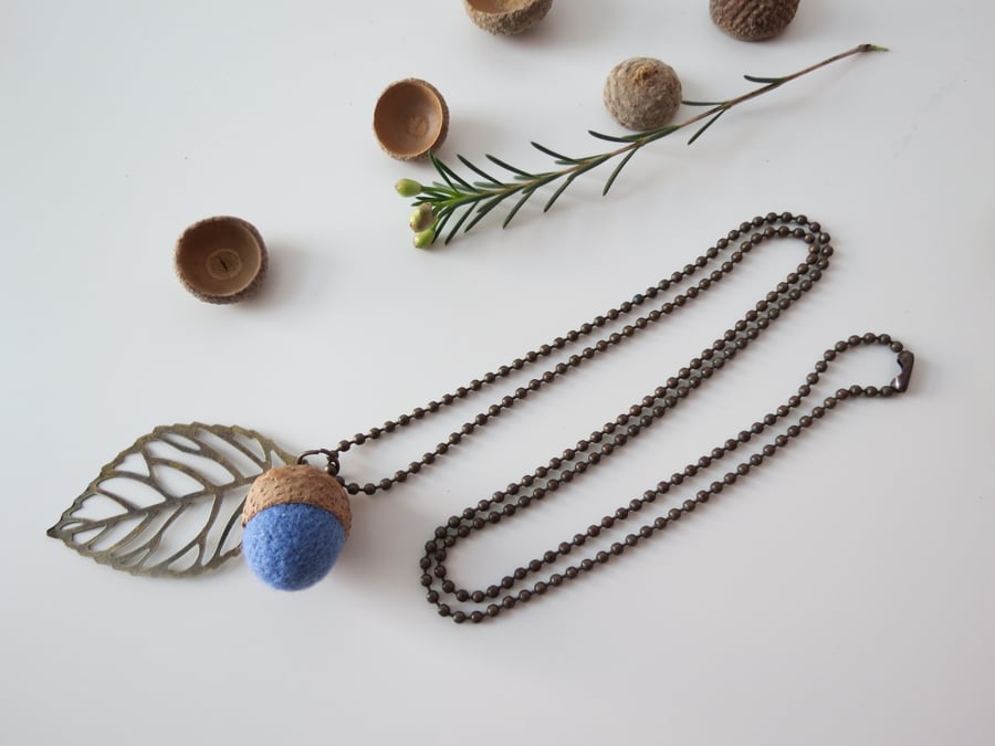 Seconds- Needle Felted Acorn Leaf Necklace-Cornflower Blue