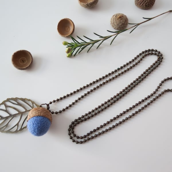 Seconds- Needle Felted Acorn Leaf Necklace-Cornflower Blue