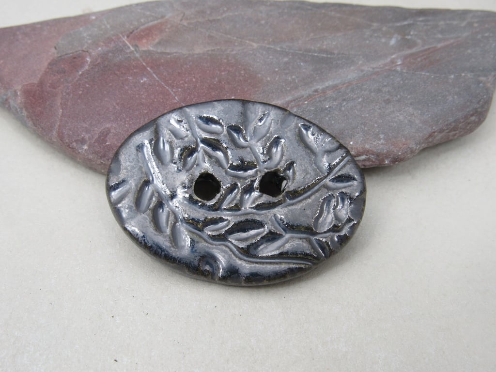 Large Metallic Silver Sprig Oval Handmade Ceramic Button
