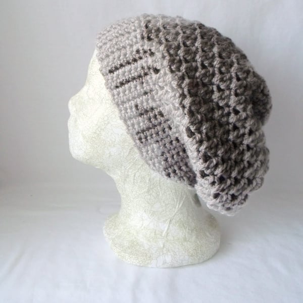 Taupe crocheted slouchie beanie hat with criss cross stitches