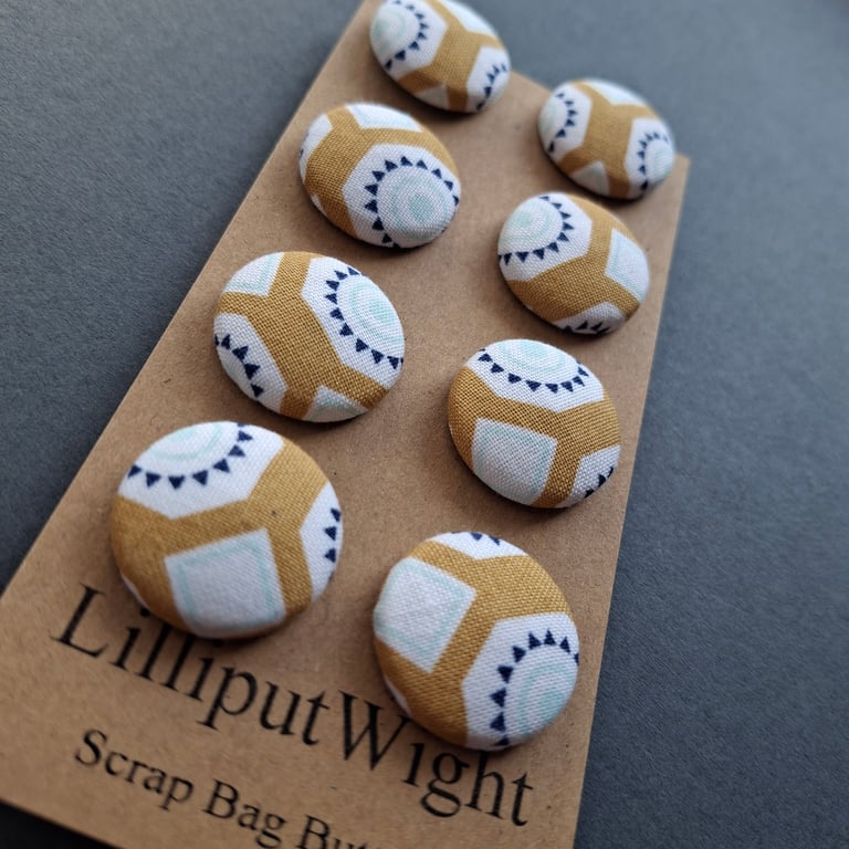 Set of eight scrap bag buttons - mustard and white fabric