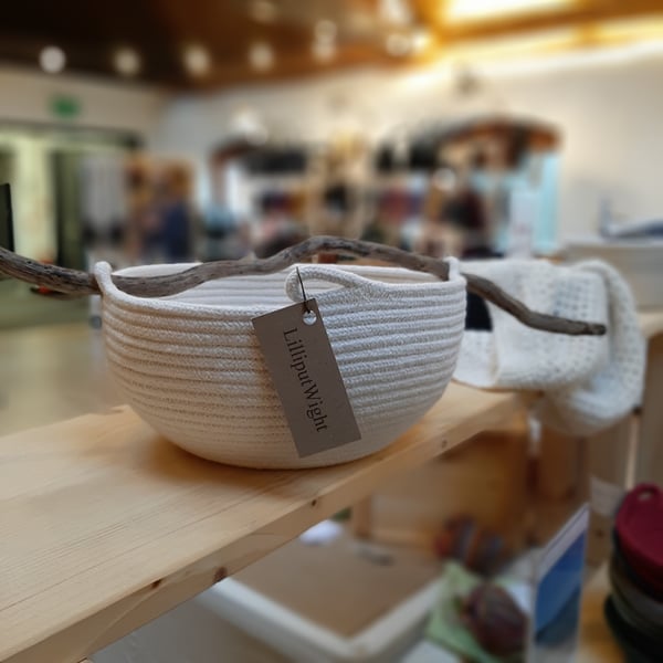 Newtown Bowl, a coiled rope bowl with a driftwood handle