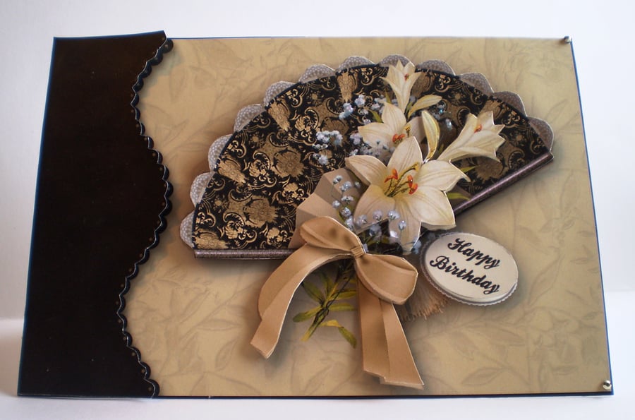 Handmade Decoupage Fan and Flowers Birthday Card,Personalise