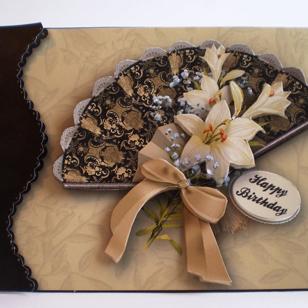 Handmade Decoupage Fan and Flowers Birthday Card,Personalise