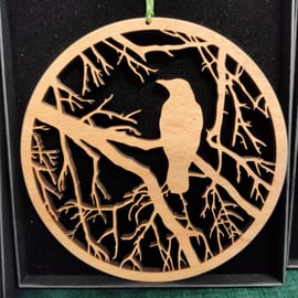 Raven in a tree - wooden wall hanging - small