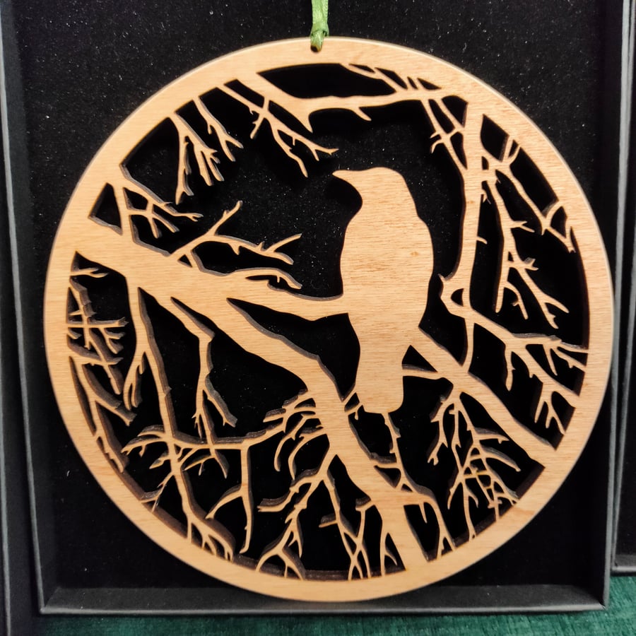 Raven in a tree - wooden wall hanging - small