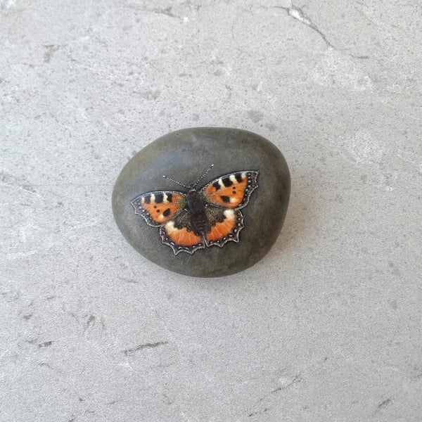 Original Art Butterfly Handpainted Stone Pebble  'Small Tortoiseshell Butterfly'